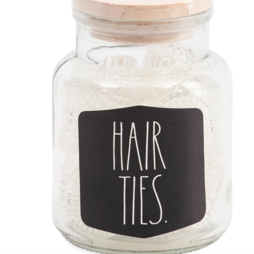 RAE DUNN  Small Glass Jar With 25 Clear Spiral Hair Ties